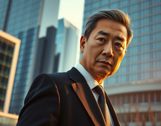 BitForex founder Garrett Jin in a financial district setting, looking at the camera with a serious expression.