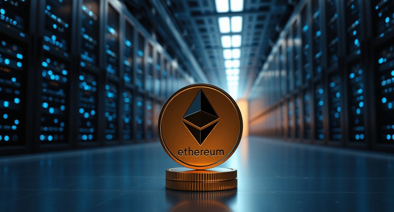 An Ethereum coin in focus in front of a modern data center server room, representing a large cryptocurrency transfer.