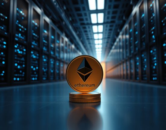 An Ethereum coin in focus in front of a modern data center server room, representing a large cryptocurrency transfer.