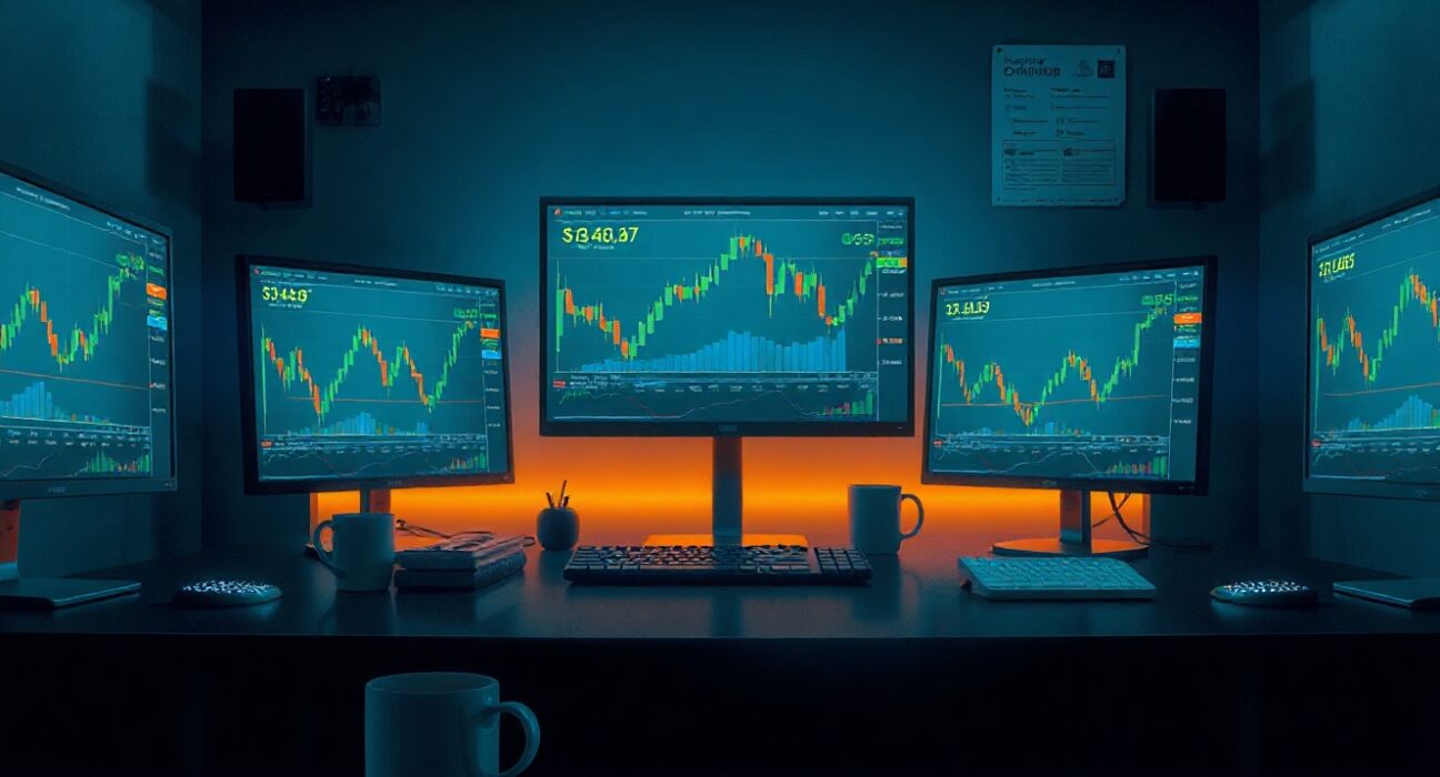 Cryptocurrency trading monitors in a dark command center showing charts and price data