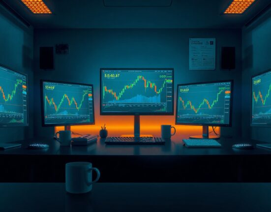 Cryptocurrency trading monitors in a dark command center showing charts and price data