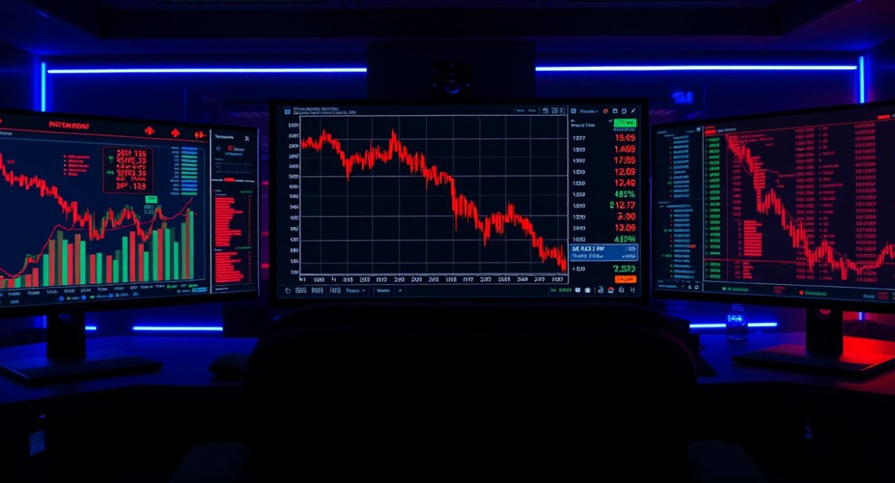 Bitcoin price chart showing a red downtrend on a trading monitor in a dimly lit office