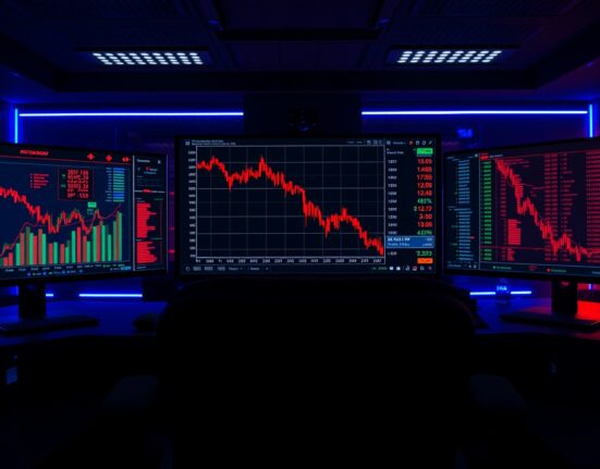 Bitcoin price chart showing a red downtrend on a trading monitor in a dimly lit office