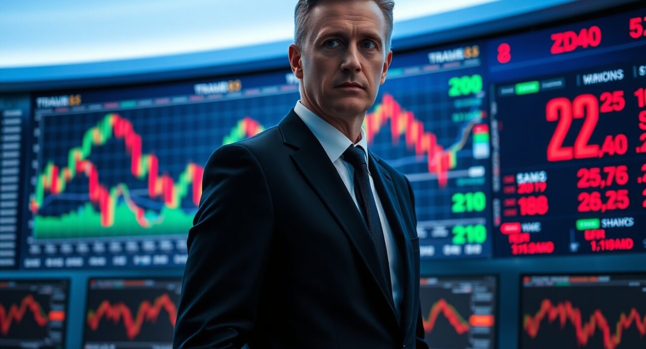 BitForex founder Garrett Jin standing in front of digital trading screens displaying ZEC price charts.