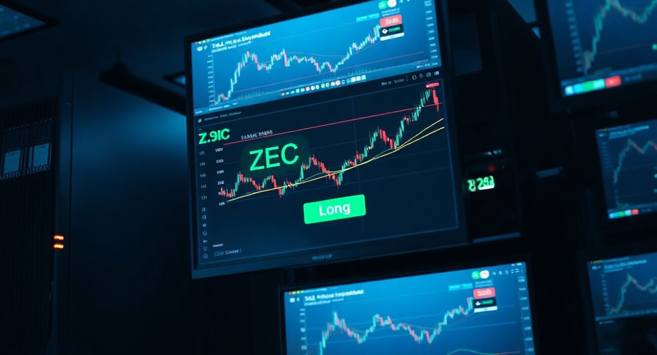 Crypto trading monitors showing a Zcash leveraged long position in a dimly lit server room