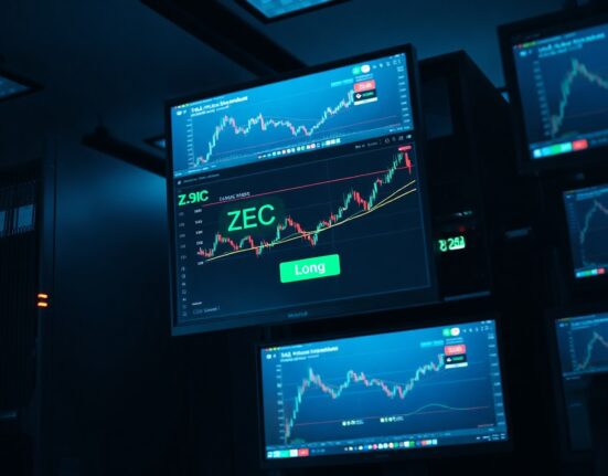 Crypto trading monitors showing a Zcash leveraged long position in a dimly lit server room