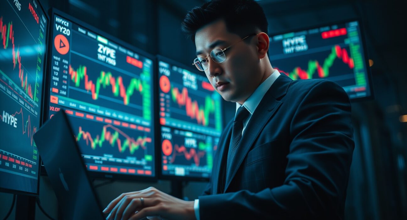 Garrett Jin, founder of BitForex, in a dimly lit trading room with cryptocurrency charts on monitors