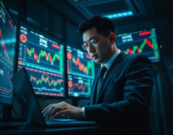 Garrett Jin, founder of BitForex, in a dimly lit trading room with cryptocurrency charts on monitors