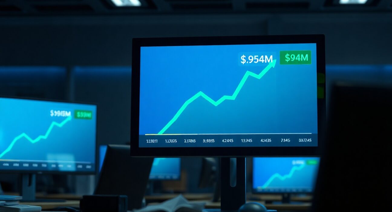 Bitcoin price chart on a digital display showing a $94 million balance in a modern trading office