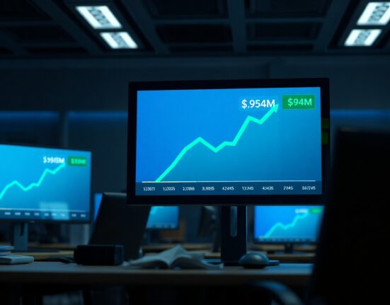 Bitcoin price chart on a digital display showing a $94 million balance in a modern trading office