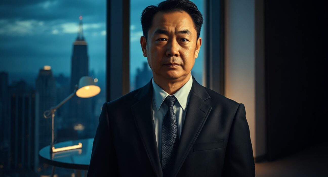 Garrett Jin, BitForex founder, in a dimly lit office, reflecting financial loss