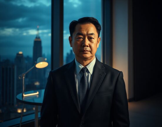 Garrett Jin, BitForex founder, in a dimly lit office, reflecting financial loss