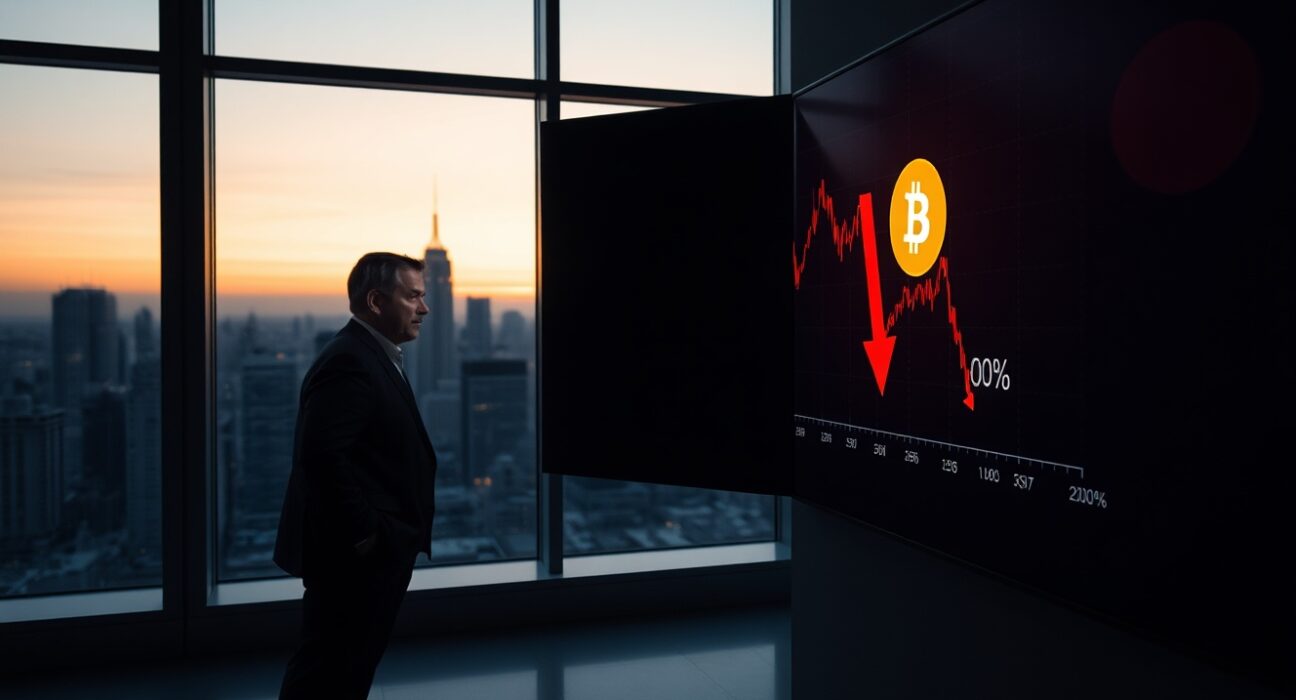 Garrett Jin, BitForex founder, looking at a Bitcoin price chart with red indicators in a dim office