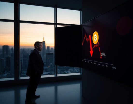 Garrett Jin, BitForex founder, looking at a Bitcoin price chart with red indicators in a dim office