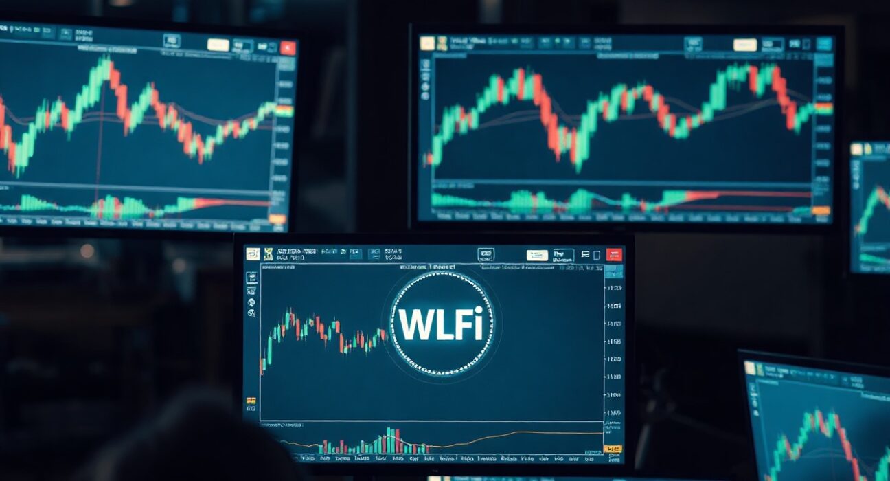 WLFI token trading charts on monitors at a professional trading desk, representing the on-chain transfer by BitForex founder.