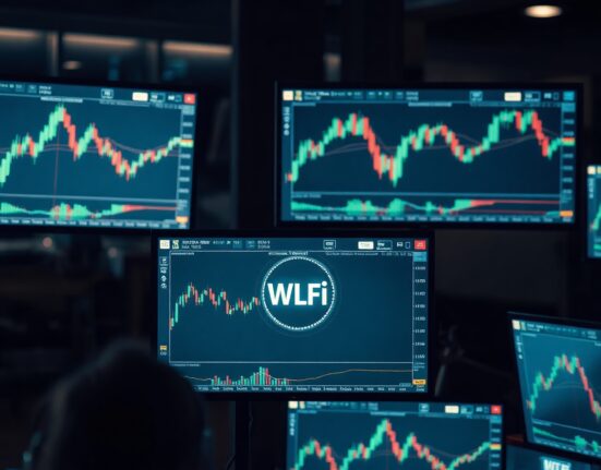 WLFI token trading charts on monitors at a professional trading desk, representing the on-chain transfer by BitForex founder.