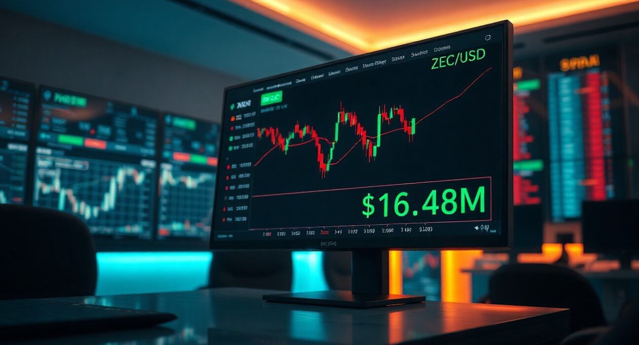 Trading terminal showing ZEC chart with $16.48 million profit from a short position