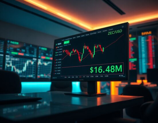 Trading terminal showing ZEC chart with $16.48 million profit from a short position