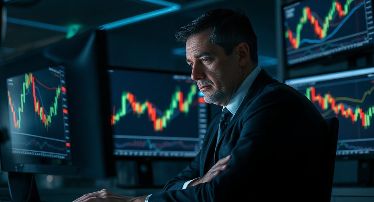 BitForex founder Garrett Jin monitoring cryptocurrency trading charts in a dark office.
