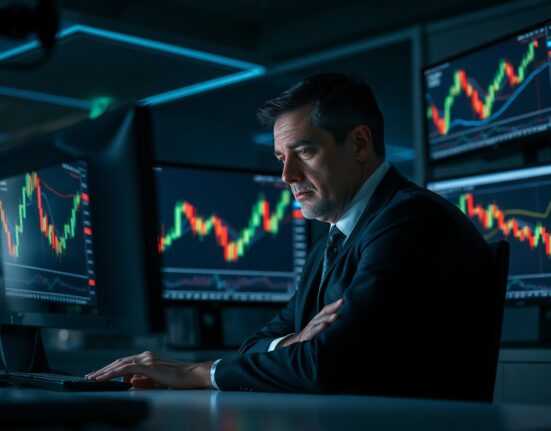 BitForex founder Garrett Jin monitoring cryptocurrency trading charts in a dark office.