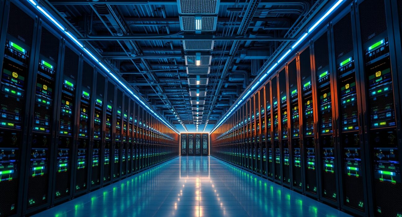 Interior of a large Bitcoin mining data center with rows of mining rigs illuminated by blue and green lights.