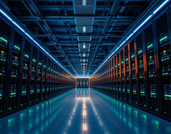 Interior of a large Bitcoin mining data center with rows of mining rigs illuminated by blue and green lights.