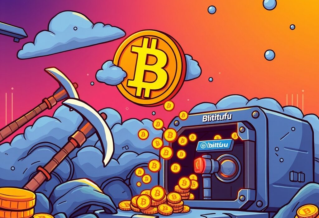 Cartoon illustration showing successful Bitfufu Bitcoin mining, symbolizing the 408 BTC haul and growth in cloud mining.