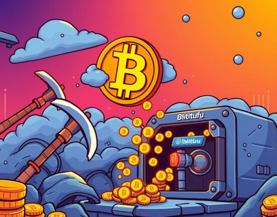 Cartoon illustration showing successful Bitfufu Bitcoin mining, symbolizing the 408 BTC haul and growth in cloud mining.