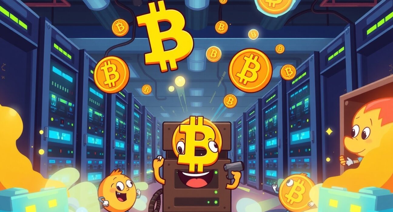 Cartoon illustration showing successful Bitcoin mining operation with glowing equipment and digital currency symbols