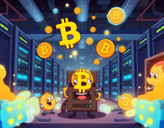 Cartoon illustration showing successful Bitcoin mining operation with glowing equipment and digital currency symbols