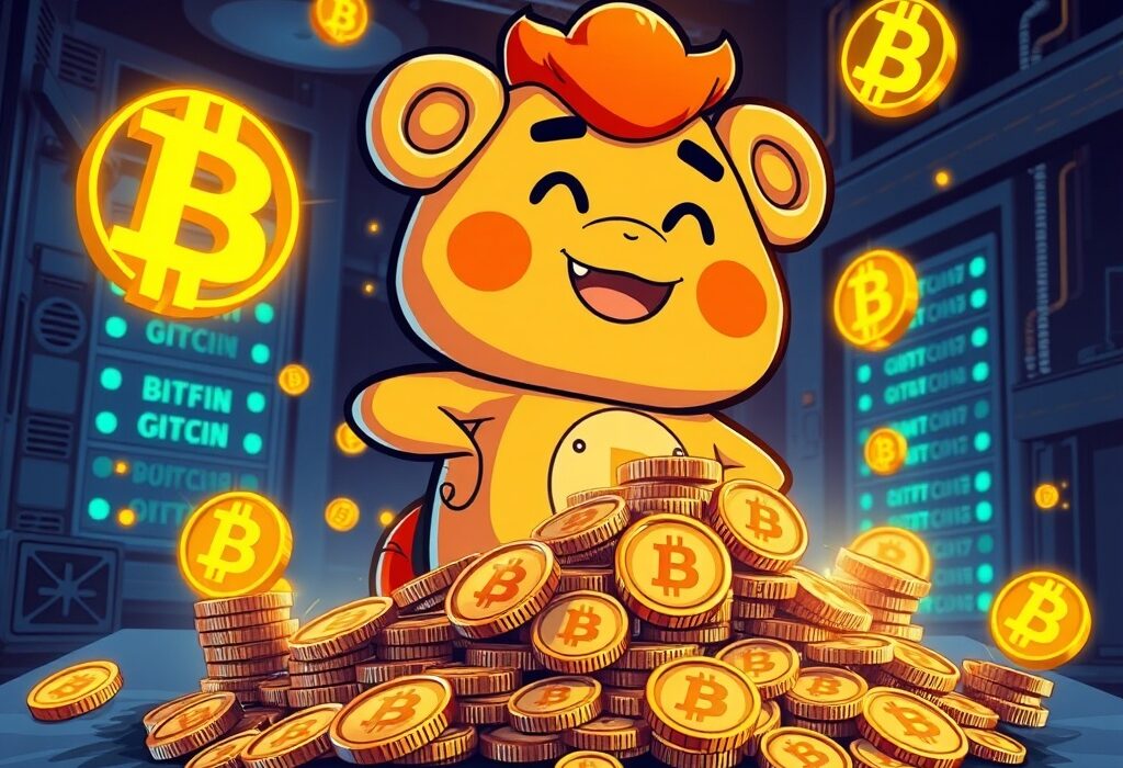 Cartoon illustration of BitFuFu's impressive BitFuFu Bitcoin mining success, showing growing BTC production.