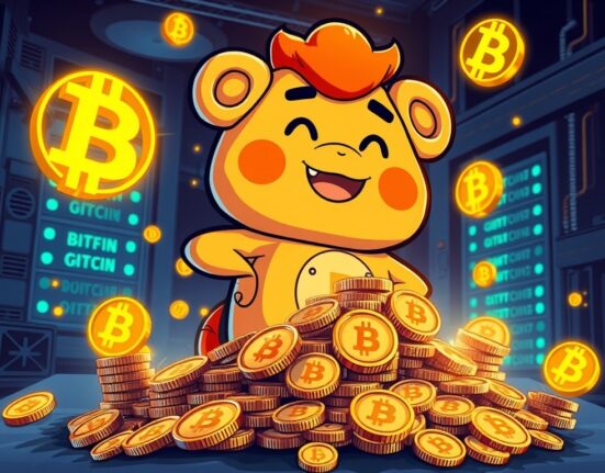 Cartoon illustration of BitFuFu's impressive BitFuFu Bitcoin mining success, showing growing BTC production.