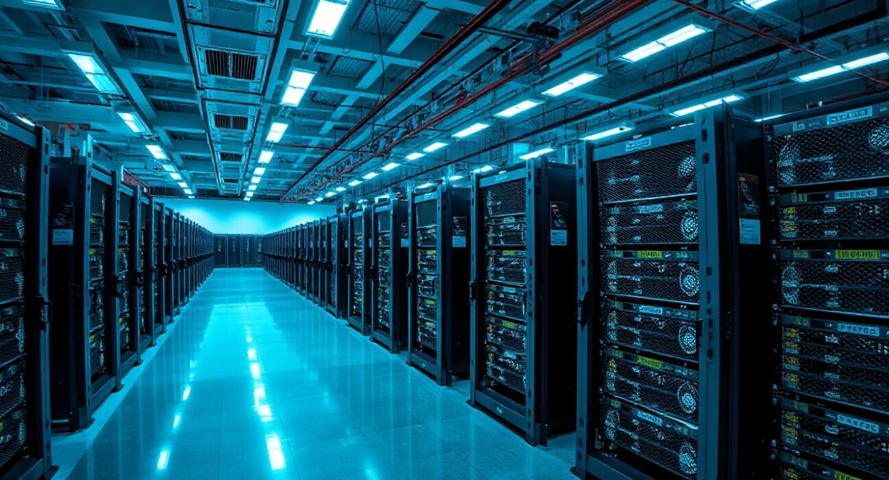 Interior of a large-scale Bitcoin mining data center with rows of mining rigs.