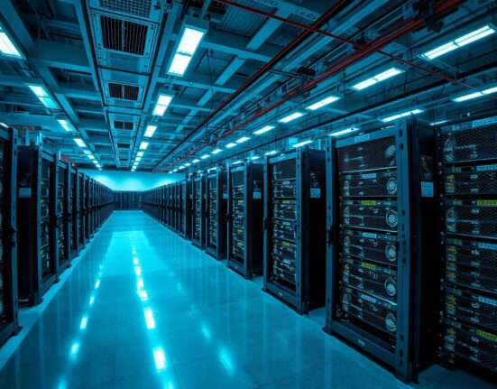 Interior of a large-scale Bitcoin mining data center with rows of mining rigs.