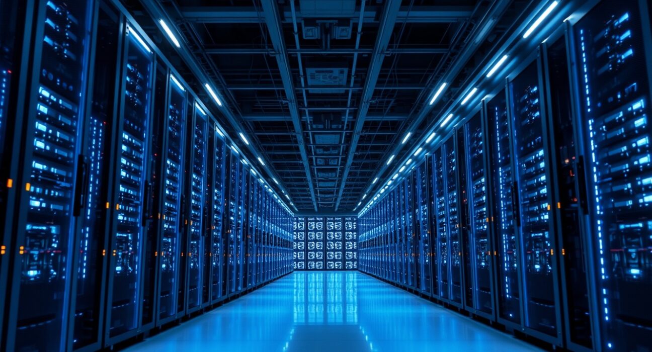 Interior of a large Bitcoin mining facility with rows of ASIC miners.