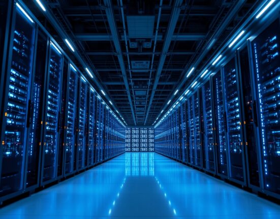 Interior of a large Bitcoin mining facility with rows of ASIC miners.