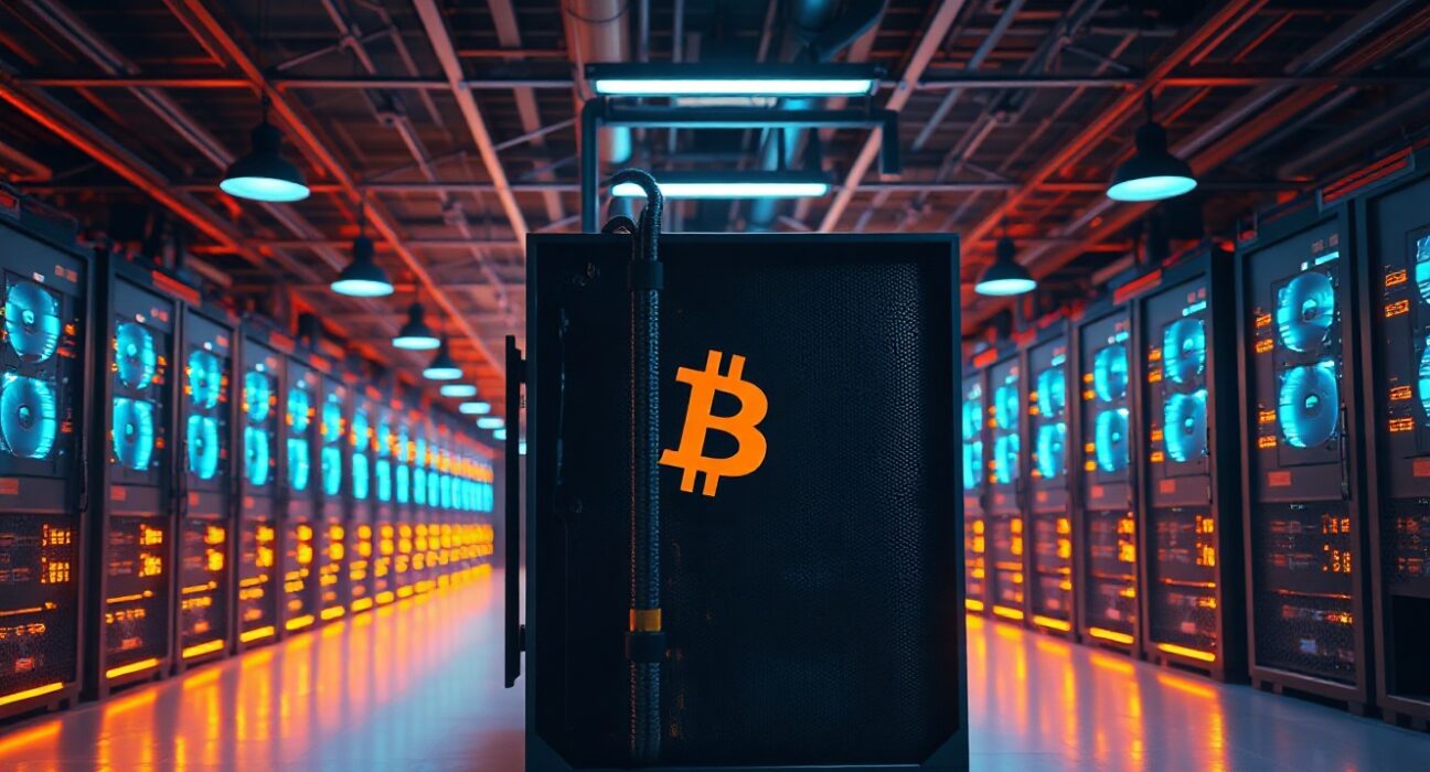 Bitcoin mining rigs operating inside a large facility, with one central rig highlighted.