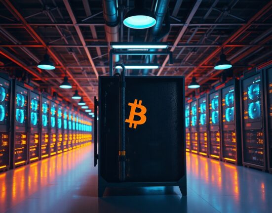 Bitcoin mining rigs operating inside a large facility, with one central rig highlighted.