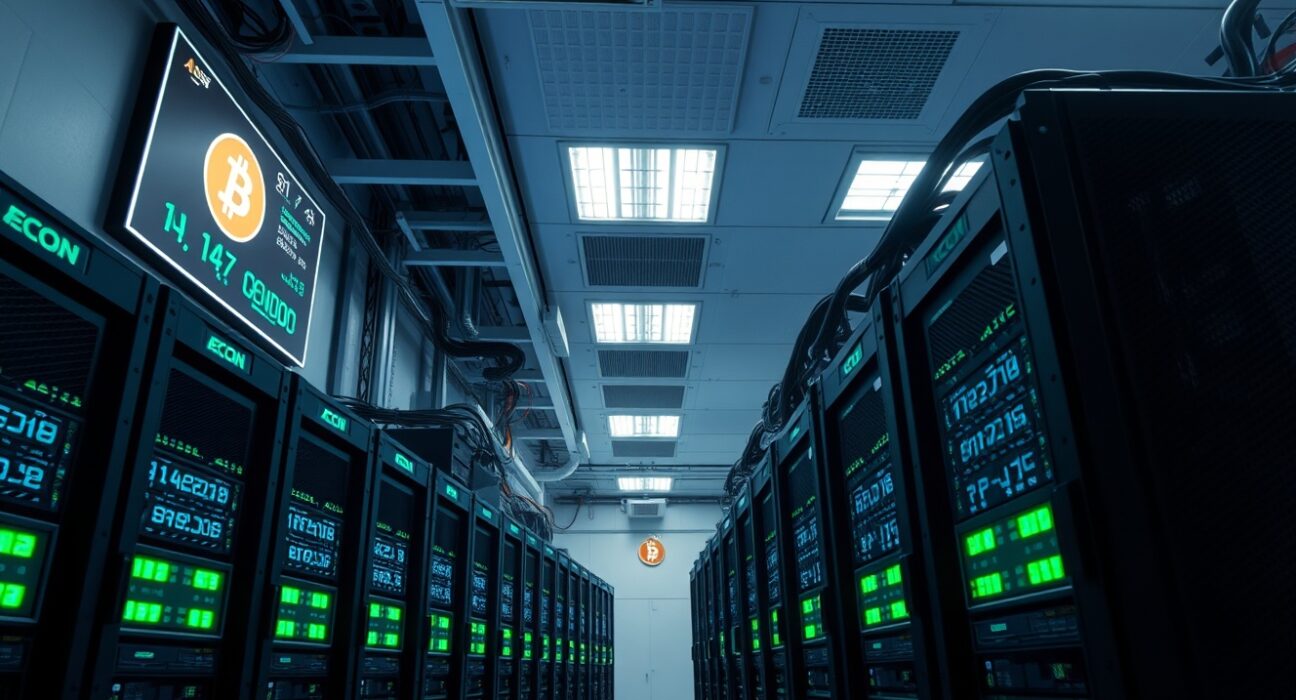 Interior view of a Bitcoin mining data center with rows of ASIC mining machines