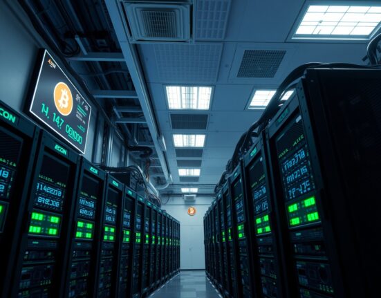 Interior view of a Bitcoin mining data center with rows of ASIC mining machines