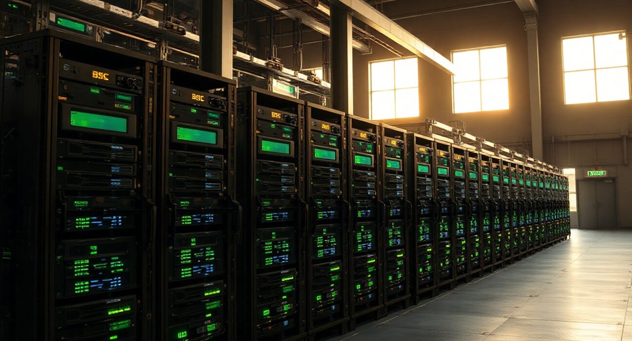 Interior of a large Bitcoin mining facility with rows of ASIC miners operating at night