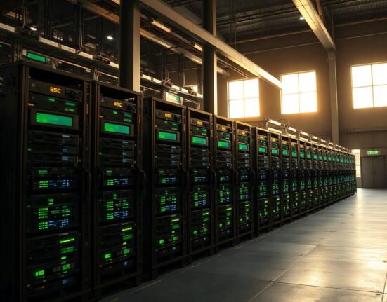 Interior of a large Bitcoin mining facility with rows of ASIC miners operating at night