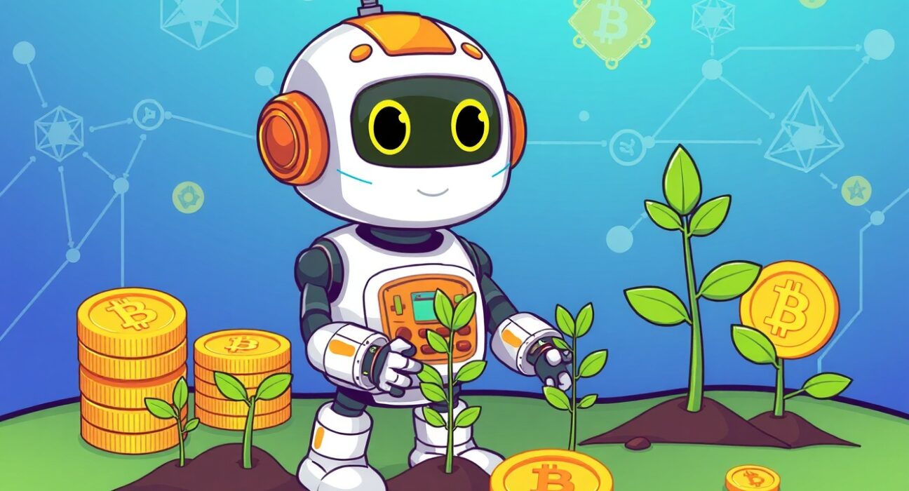 Bitfury investment in ethical AI technology shown through cartoon robot planting digital innovation trees