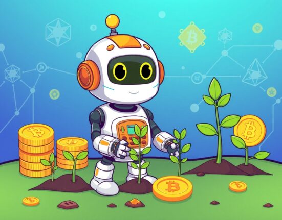 Bitfury investment in ethical AI technology shown through cartoon robot planting digital innovation trees