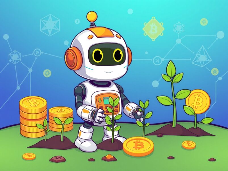 Bitfury investment in ethical AI technology shown through cartoon robot planting digital innovation trees