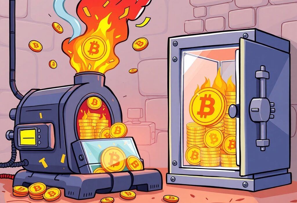 Cartoon illustration showing a Bitget BGB burn, symbolizing strategic token reduction and value enhancement for the exchange's ecosystem.