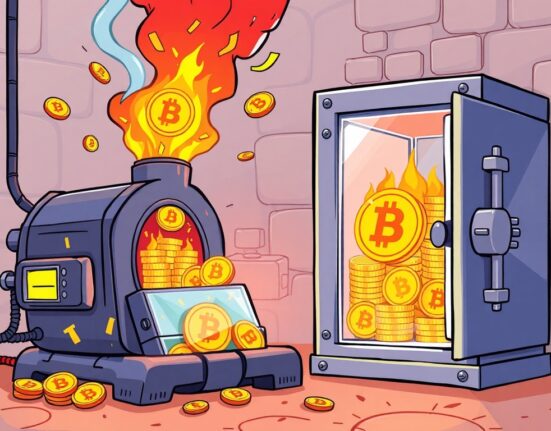 Cartoon illustration showing a Bitget BGB burn, symbolizing strategic token reduction and value enhancement for the exchange's ecosystem.