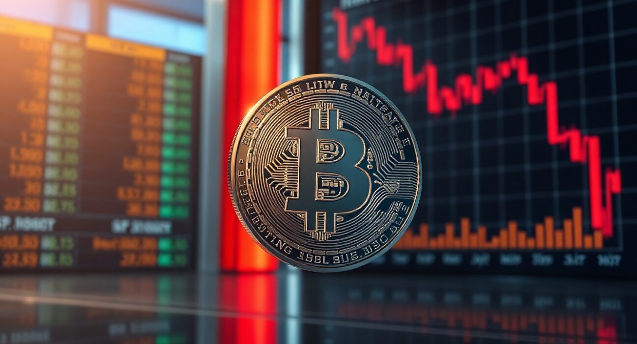Bitcoin coin symbol in a financial news studio with split market chart backgrounds representing mixed asset performance