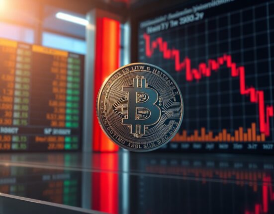 Bitcoin coin symbol in a financial news studio with split market chart backgrounds representing mixed asset performance