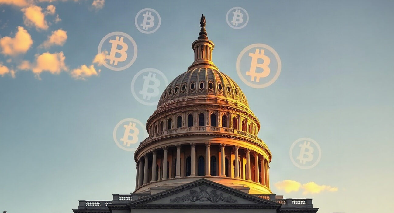 U.S. Capitol building with digital Bitcoin symbols in the sky, representing Bitcoin policy discussions.
